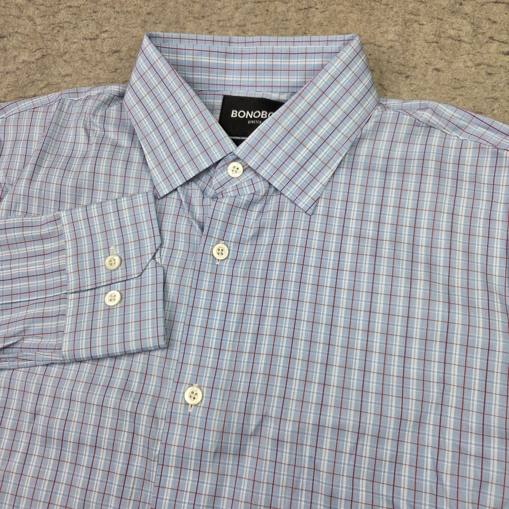 Bonobos Stretch Tailored Fit Shirt Mens 16-33 Blue Plaid Long Sleeve Button Up